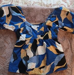 Nine West Blue and Yellow Abstract Blouse